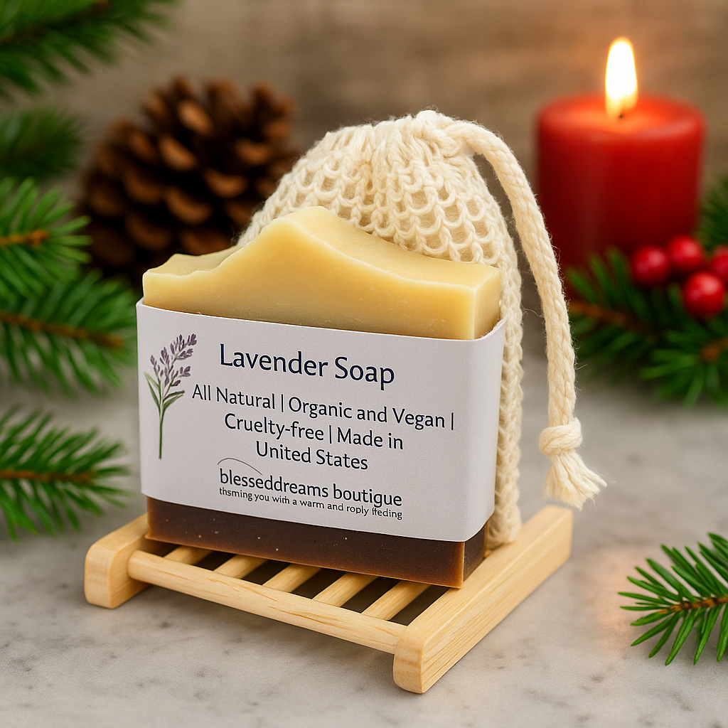 Lavender soap bar on a wooden stand with a label, surrounded by Christmas decorations.