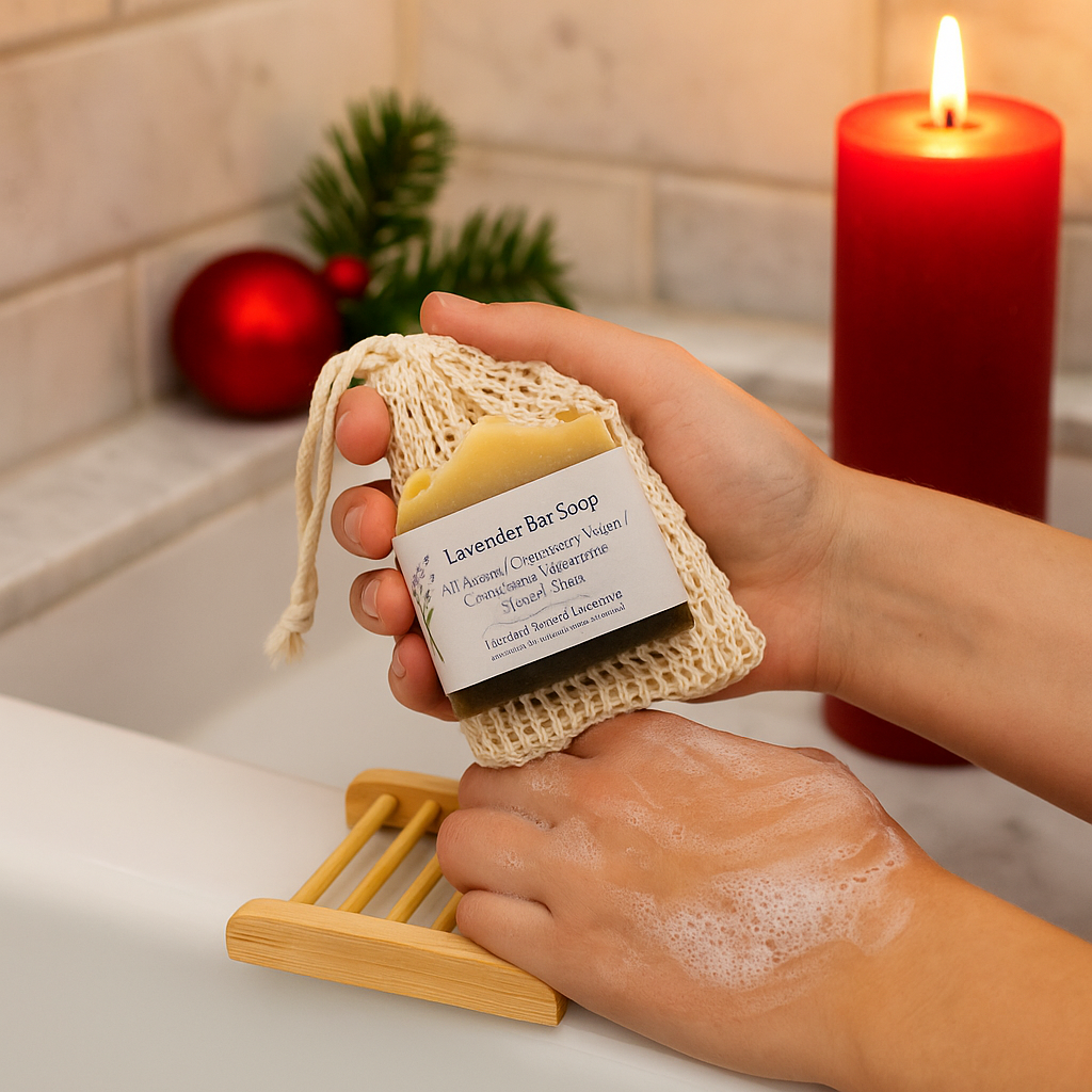 Hand holding a bar of soap wrapped in a mesh bag with a red candle and Christmas decorations in the background.