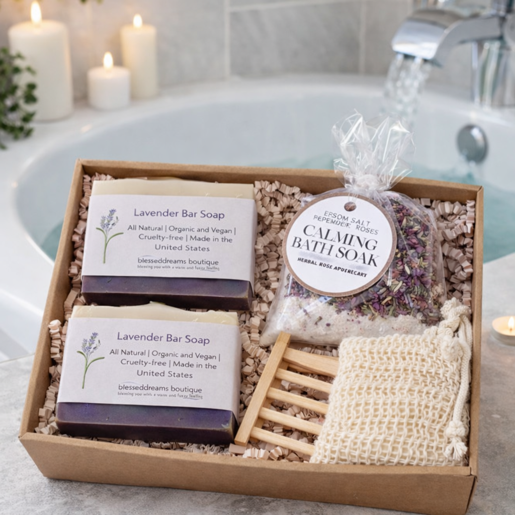 Bath gift set with lavender bar soap, bath salt, and loofah in a box on a bathroom counter.
