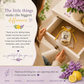 A packaged small sachet with a yellow ribbon is placed in an open drawer of a white cabinet, while a woman's hands and partial body are visible beside it. The scene includes decorative purple flowers, lemons, and printed thank-you text panels on the left and bottom.