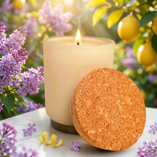 A lit cream-colored candle in a matte glass jar sits on a white marble surface, with a round cork lid leaning against the front. The scene is styled with purple flowers, a lemon peel, and a blurred background of lemons and greenery.