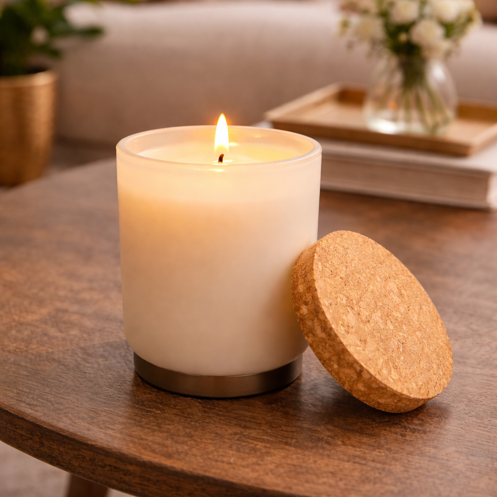 A lit white candle in a frosted glass jar on a wooden table, with a softly blurred indoor background.