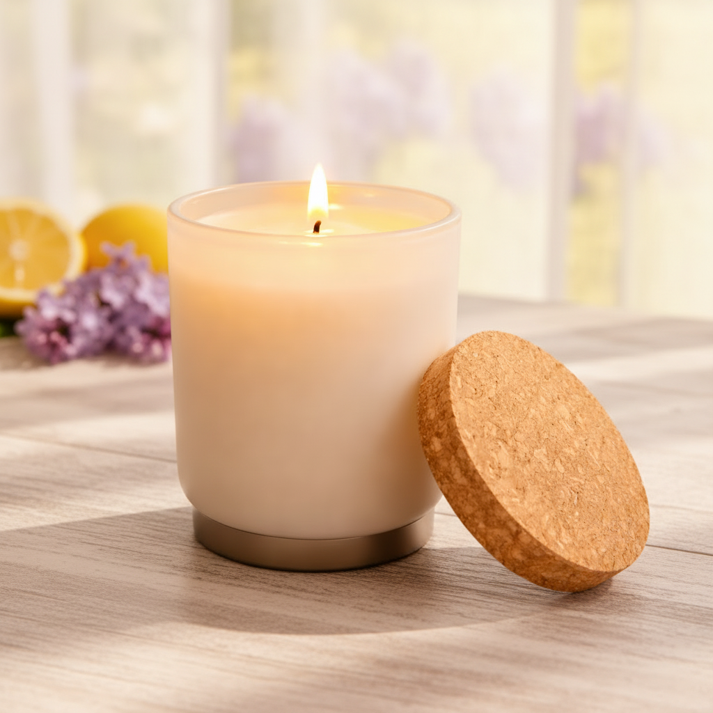 A lit candle in a frosted glass jar with a wick at the center, resting on a light wood surface with its cork lid leaning against it. The background is softly blurred with hints of lemons and purple flowers.