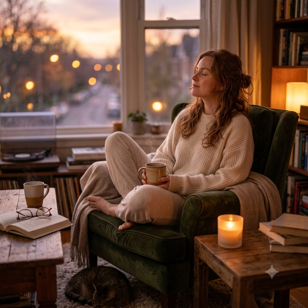 A woman relaxes in a green armchair by a window at dusk, wrapped in a cream knit sweater and matching pants, holding a mug. A bookshelf, books, a lit candle on a side table, and a sleeping cat are visible in the cozy room setting.