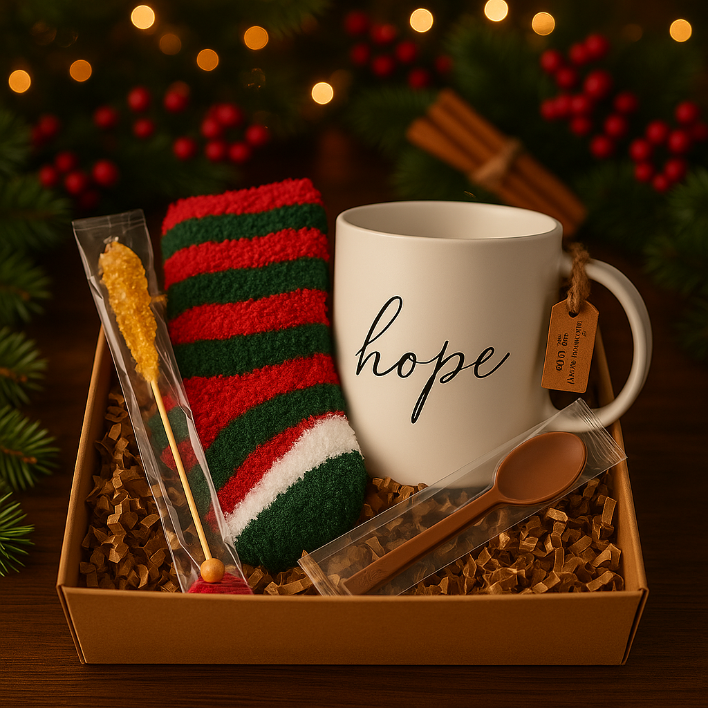 White mug with 'hope' text, red and green striped socks, chocolate spoon, and a sugar stick candy in a gift box.