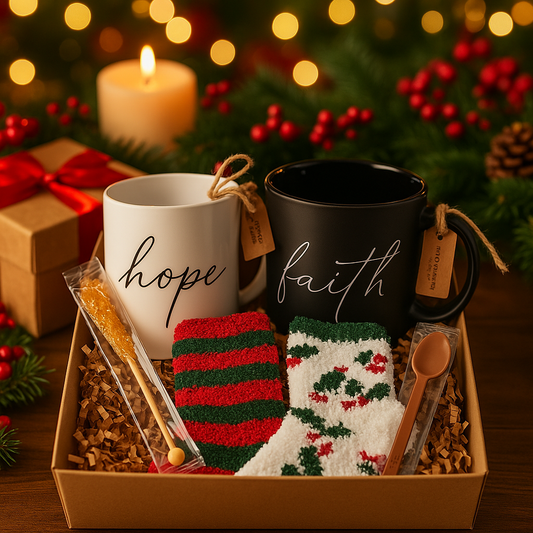 Christmas-themed gift set with mugs, socks, chocolate and sugar sticks in a decorative box.
