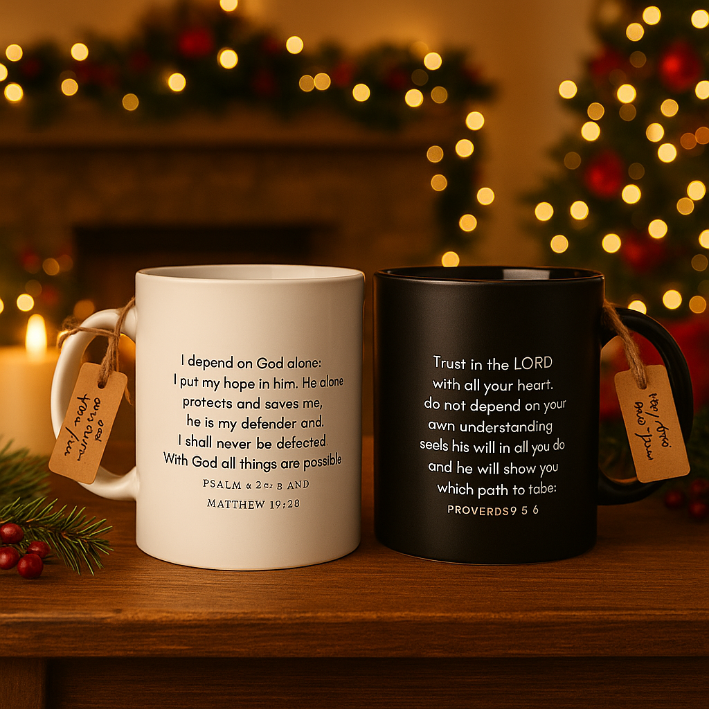 Two mugs with religious quotes on a wooden surface with a festive background.
