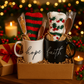 Two mugs labeled 'hope' and 'faith' with socks and chocolate and sugar stick spoons in a decorative box with a festive background.