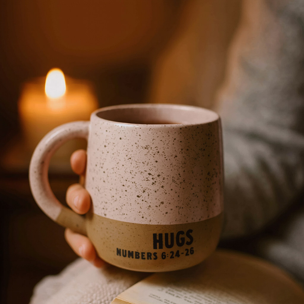 Person holding a speckled mug with 'HUGS NUMBERS 6:24-26' text in front of a candle.