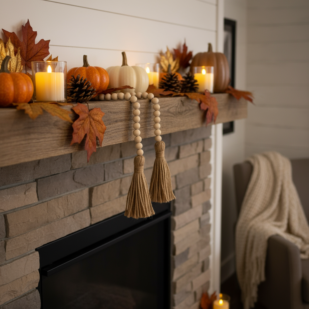 A beige wooden bead garland with a tassel