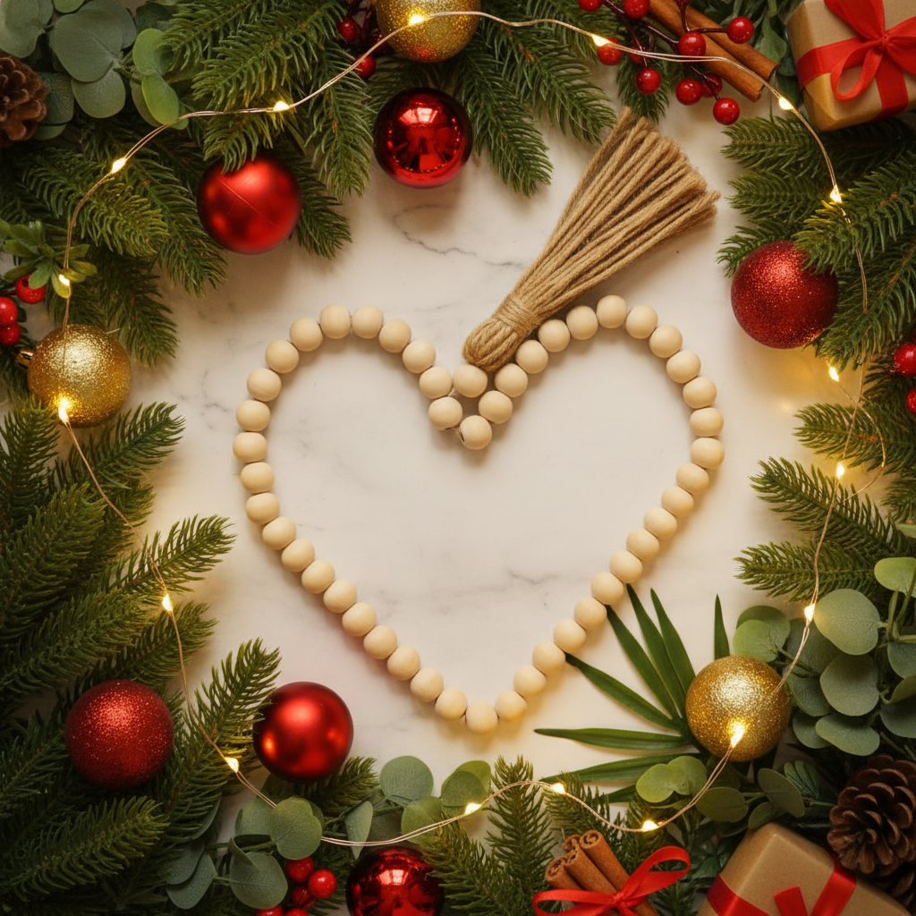 Heart-shaped wooden beads surrounded by Christmas decorations on a marble surface