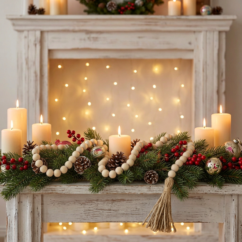 A festive Christmas garland displayed on a white wooden mantel, decorated with green pine branches, red berries, pinecones, and a cream-colored beaded garland, surrounded by lit pillar candles and warm string lights in the background.
