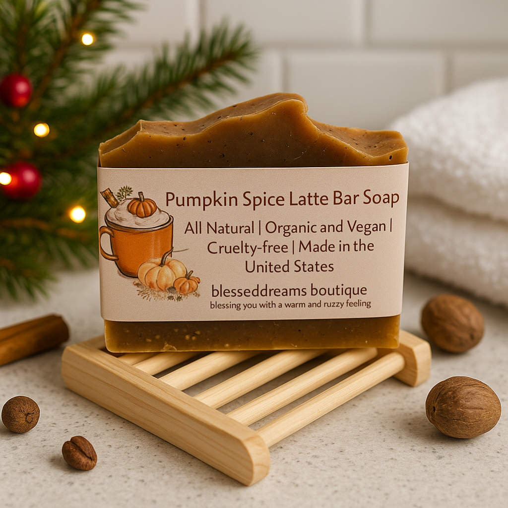 Pumpkin Spice Latte Bar Soap on a wooden stand with a Christmas tree in the background