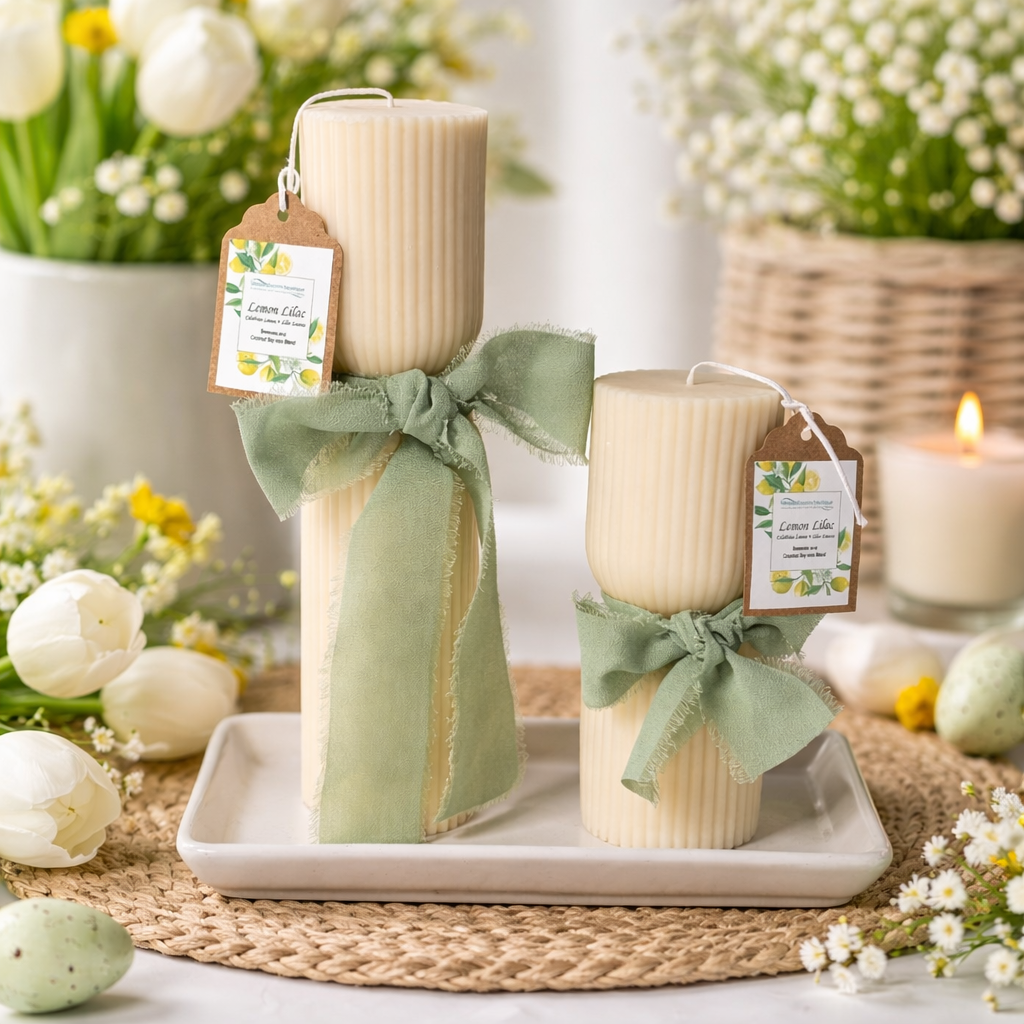 Two Hourglass Pillar Candles with green ribbons on a white tray surrounded by flowers and plants.