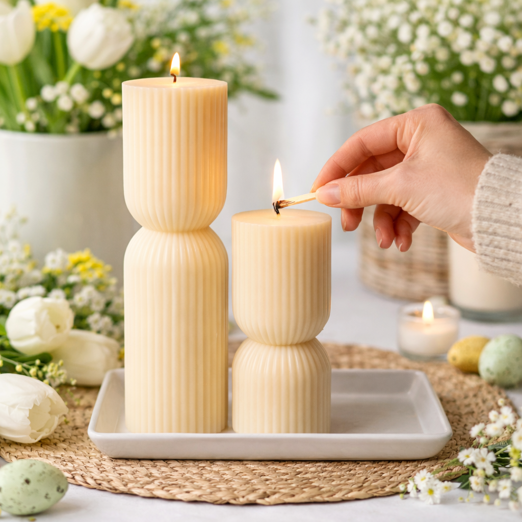 Person lighting a candle with textured design on a white tray surrounded by flowers.