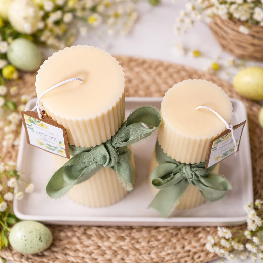 Two lemon Lilac Hourglass Pillar Candles with green ribbons on a white plate, surrounded by flowers.