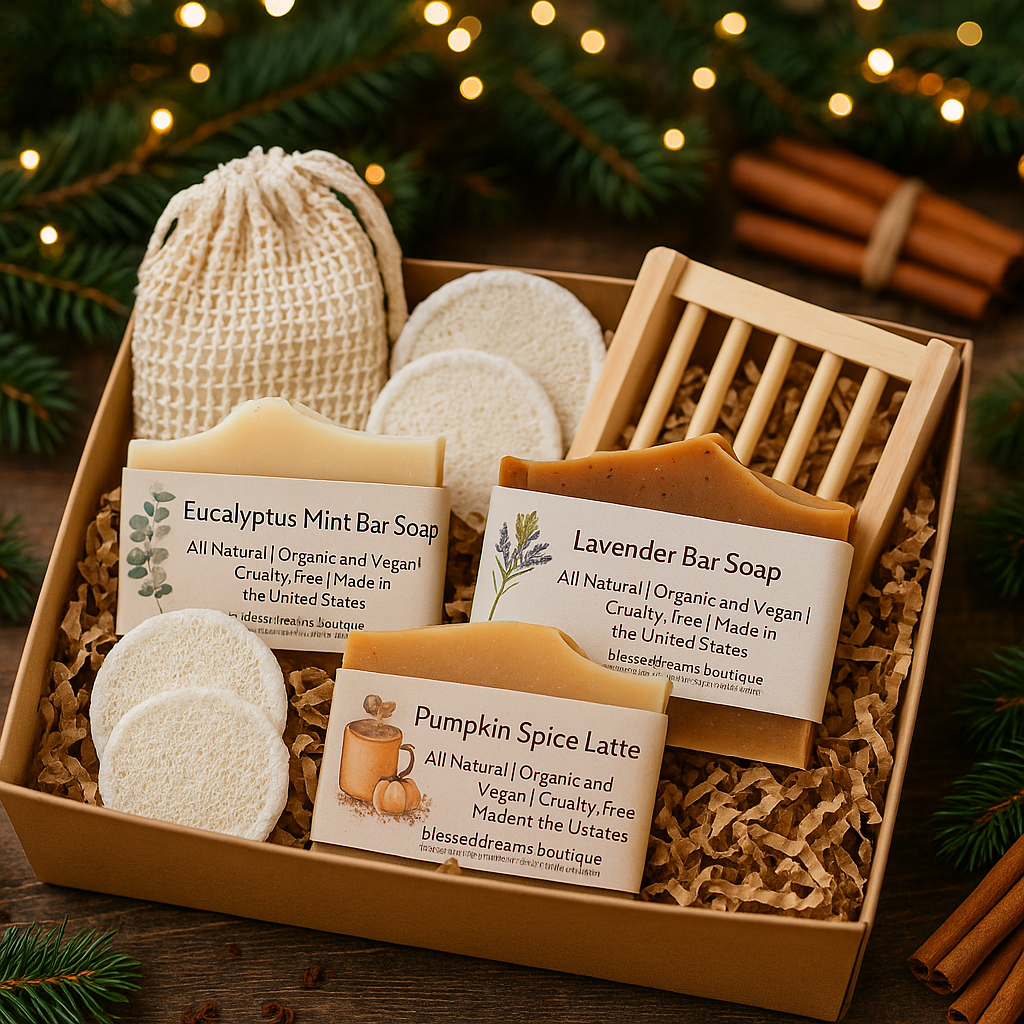 Box of natural soap bars and washcloths with Christmas decorations in the background