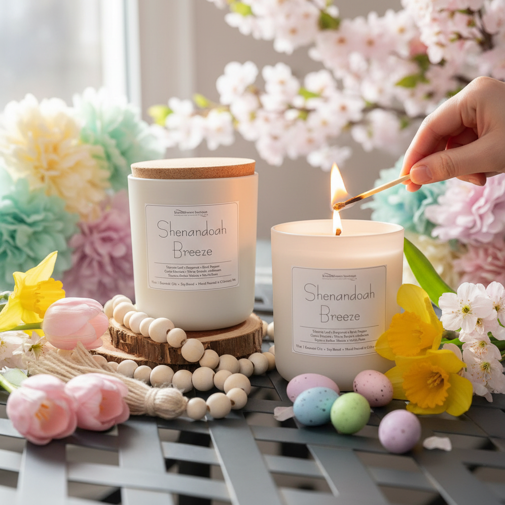 Candle labeled 'Shenandoah Breeze' being lit with Easter eggs and flowers in the background.