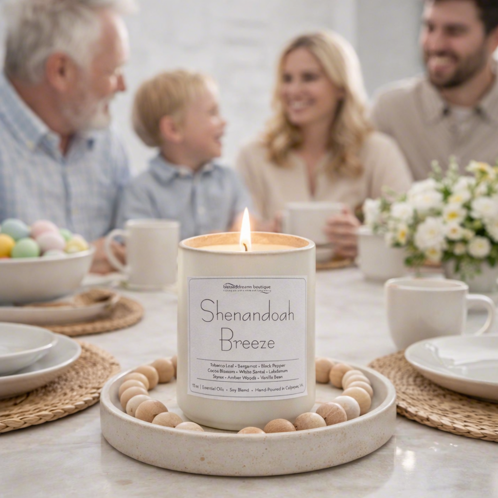 Candle labeled 'Shenandoah Breeze' on a table with a family in the background