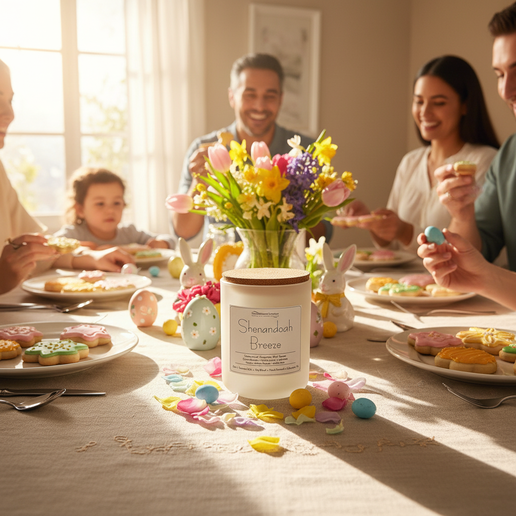 Family gathering around a table with Easter decorations and a 'Shenandoah Breeze' candle.