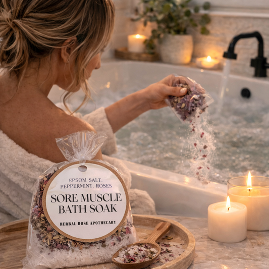 Woman in a bathtub with Epsom salt, peppermint, and rose bath soak, surrounded by candles and plants.