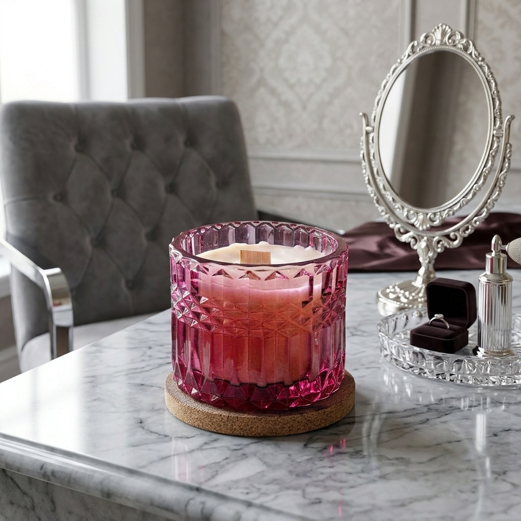 A pink gradient cut-glass candle jar with a wooden wick, sitting on a cork coaster on a marble table next to a silver vanity mirror.
Velvet Rose Musk-7oz posh candle vessel & lid - translucent mauve_al3