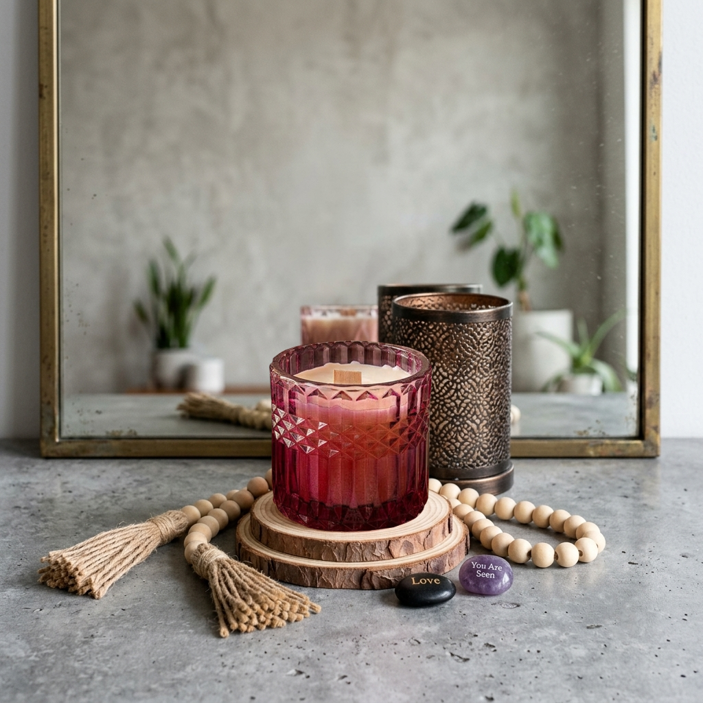 A pink glass candle jar sits on a stack of natural wood slices, surrounded by a wooden bead garland, tassel decor,  in front of a mirror. 
Velvet Rose Musk-7oz posh candle vessel & lid - translucent mauve 5