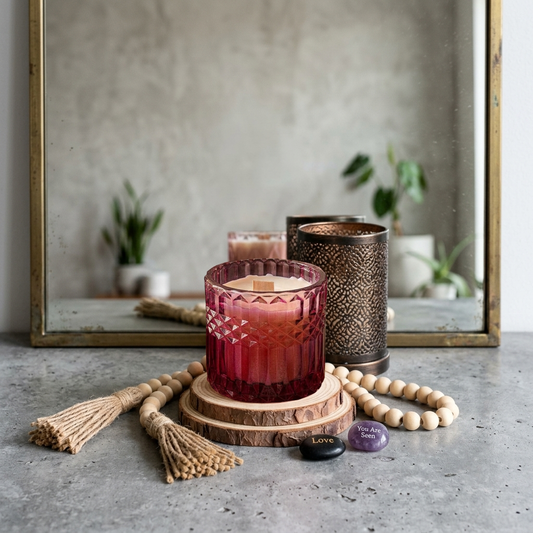 A pink glass candle jar sits on a stack of natural wood slices, surrounded by a wooden bead garland, tassel decor,  in front of a mirror. 
Velvet Rose Musk-7oz posh candle vessel & lid - translucent mauve 5