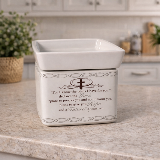 White ceramic warmer with religious text Jeremiah 29:11