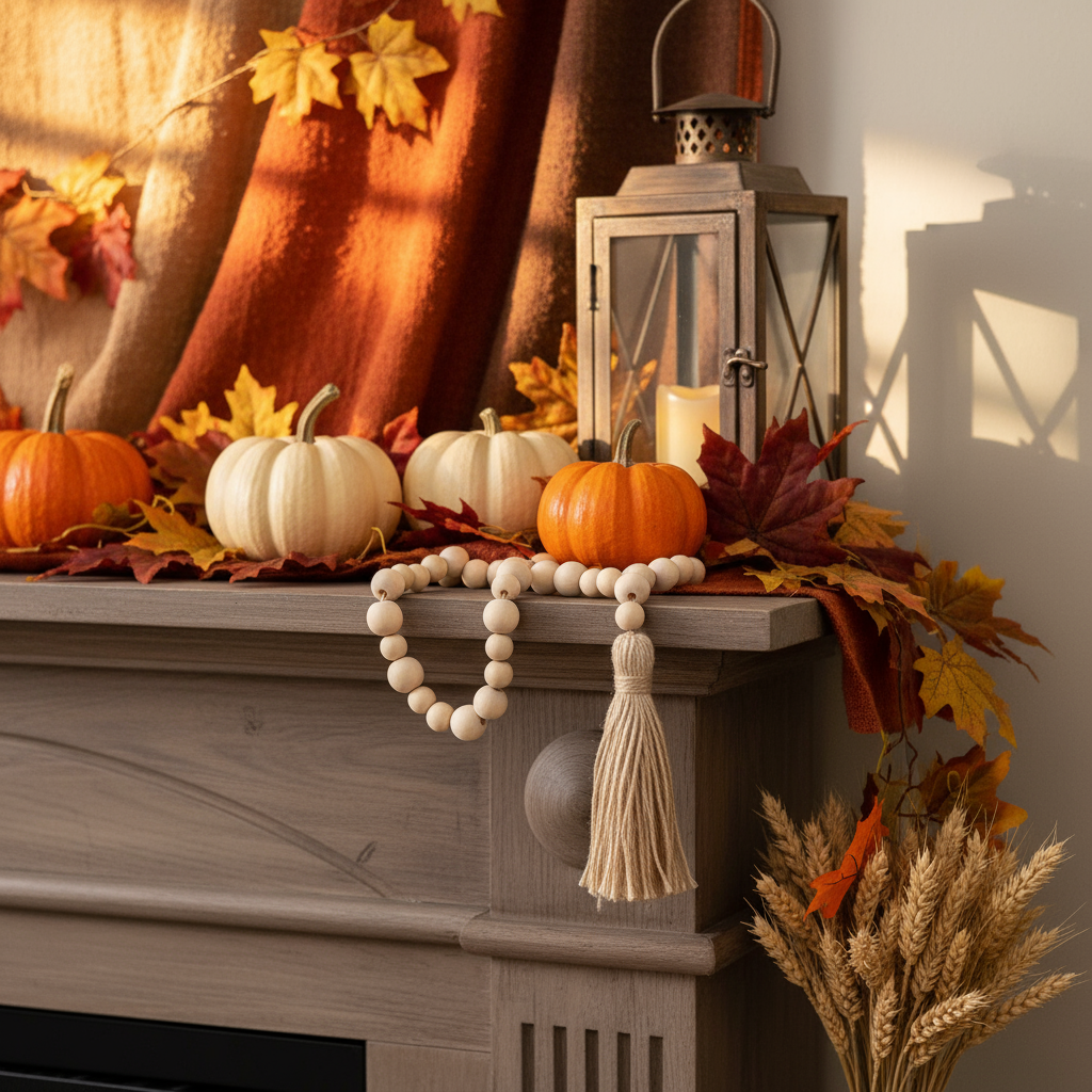 Decorative mantel with pumpkins, lantern, and autumn leaves on a wooden fireplace.