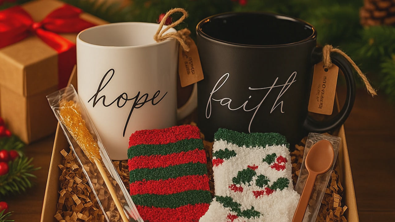 Two mugs labeled 'hope' and 'faith' with socks and chocolate and sugar stick spoons in a decorative box with a festive background.