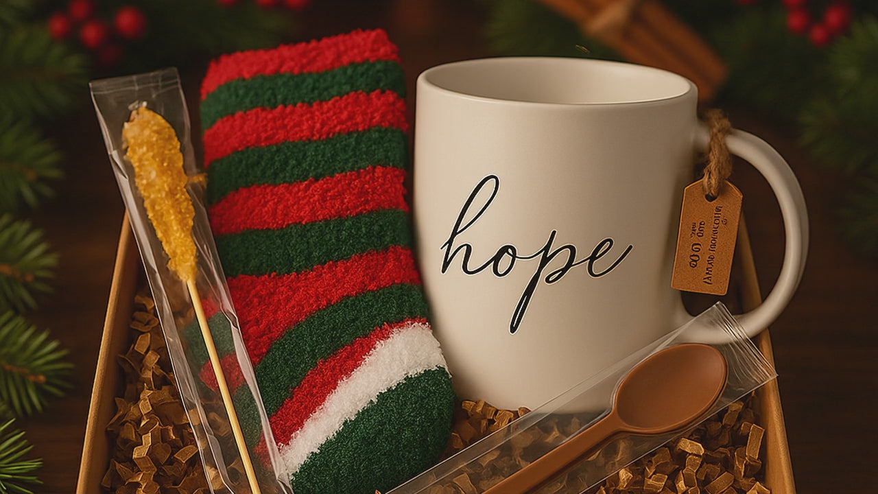 White mug with 'hope' text, red and green striped socks, chocolate spoon, and a sugar stick candy in a gift box.