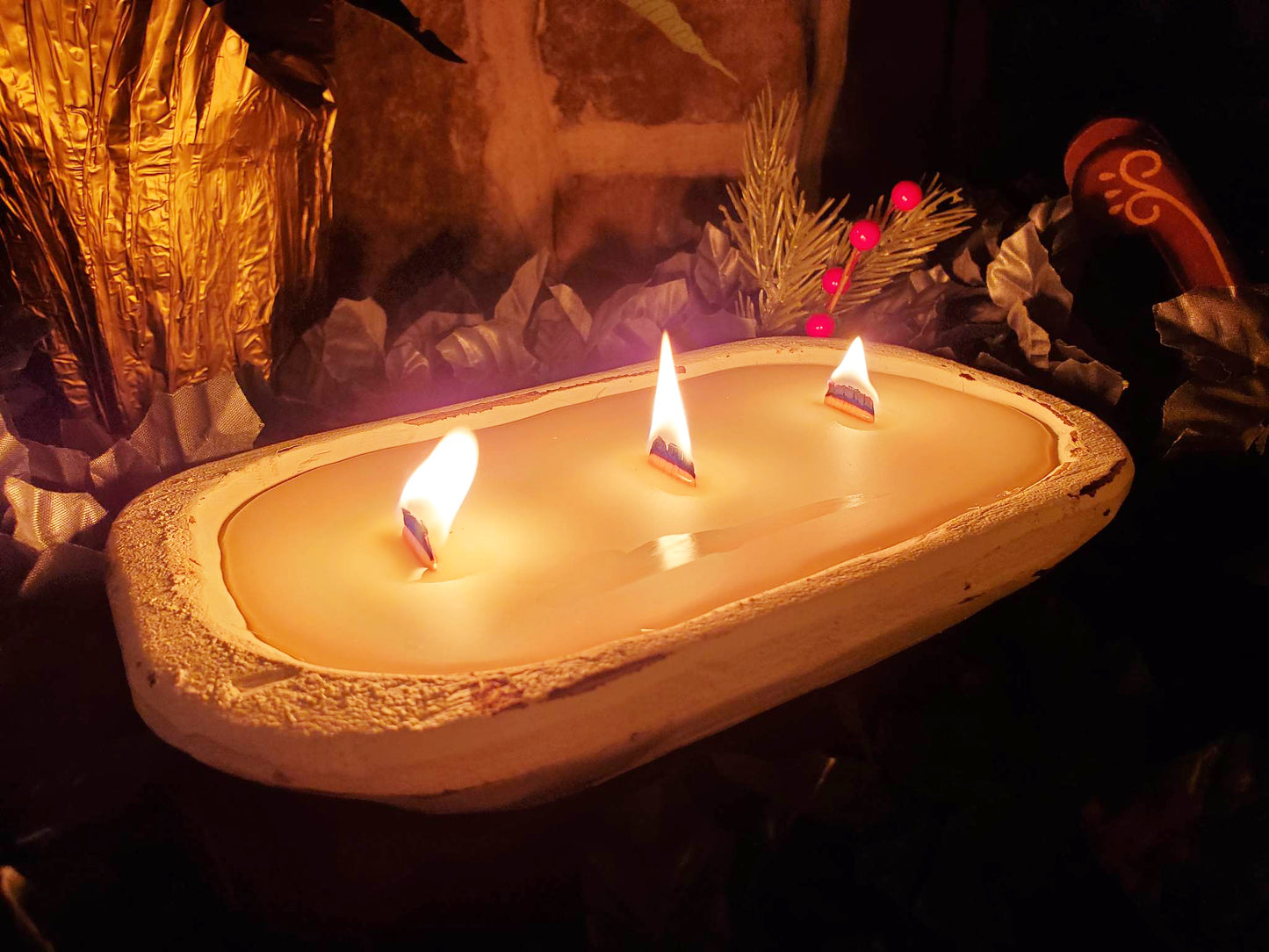 Winter Décor 3 Wood Wick Scented Candle Whitewash Dough Bowl - Christmas Cabin